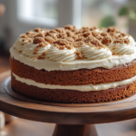 A close-up shot of a moist Biscoff cake with a fluffy, tender crumb, topped with creamy frosting and sprinkled with crushed Biscoff cookies, displayed on a wooden cake stand in a sunlit kitchen