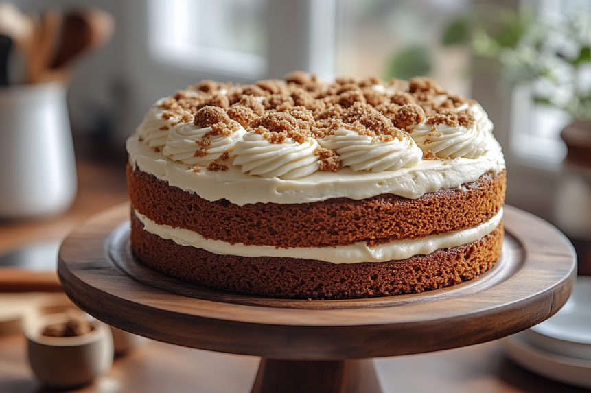 A close-up shot of a moist Biscoff cake with a fluffy, tender crumb, topped with creamy frosting and sprinkled with crushed Biscoff cookies, displayed on a wooden cake stand in a sunlit kitchen