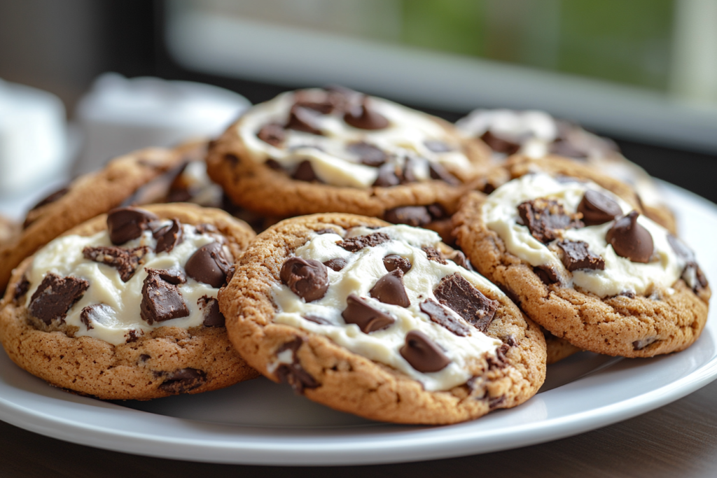 A plate of golden-brown chocolate chip cheesecake cookies with a soft, chewy texture and visible chocolate chips, perfect for dessert or a snack