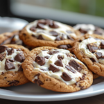 A plate of golden-brown chocolate chip cheesecake cookies with a soft, chewy texture and visible chocolate chips, perfect for dessert or a snack